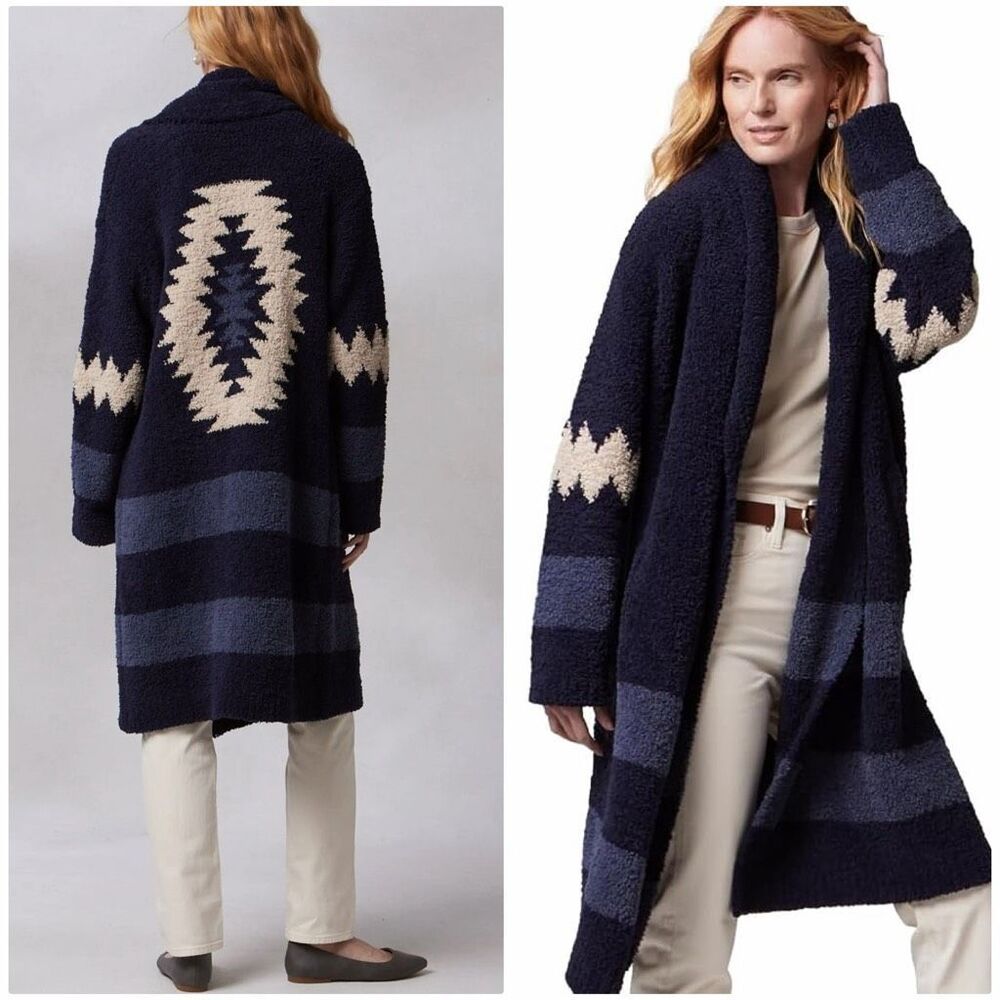 Kashwere $248 Aztec Shawl Collar Coat Chenilla navy blue One Size NWT